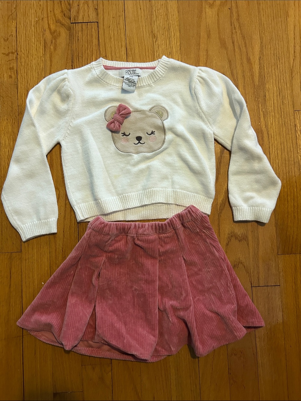Miss Mona Mouse Cream Bear Sweater with Dusty Rose Corduroy Skirt Set Sz. 4T